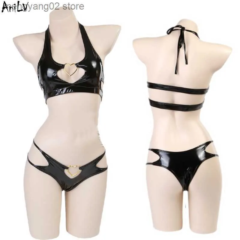 Sexy Set Anilv Demon Devil Girl Pu Leather Bikini Swimsuit Unifrom Come Women Sexy Love Hollow