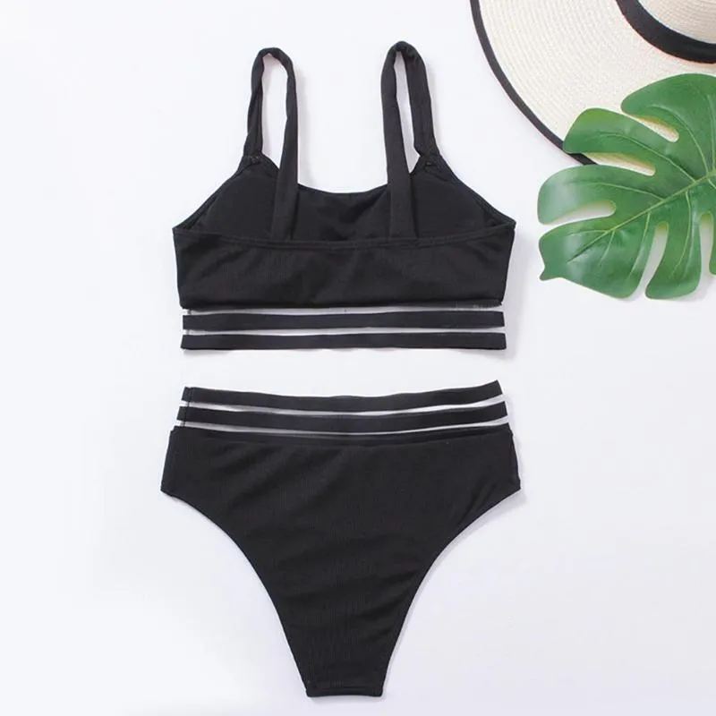 Summer Beach Simple Black Bikini Set For Women Sexy Two Piece Stripe Design With Elastic