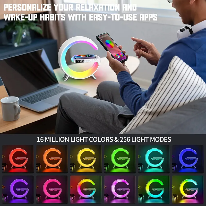 Multifunctional Wireless  Big G Alarm Clock Speaker APP Control RGB Night Light Charging Station for Iphone 11 12 13 14 Pro Max Samsung With Retail Box