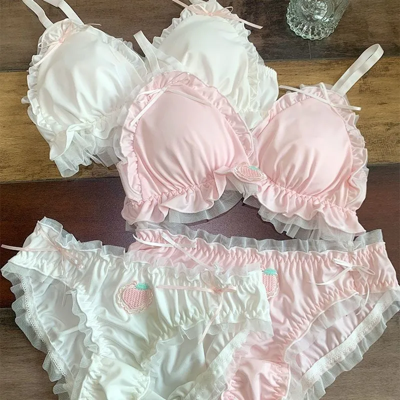 2024 Sweet Cute Lingerie Set Peach Ruffled Unwired From Ddmyearth