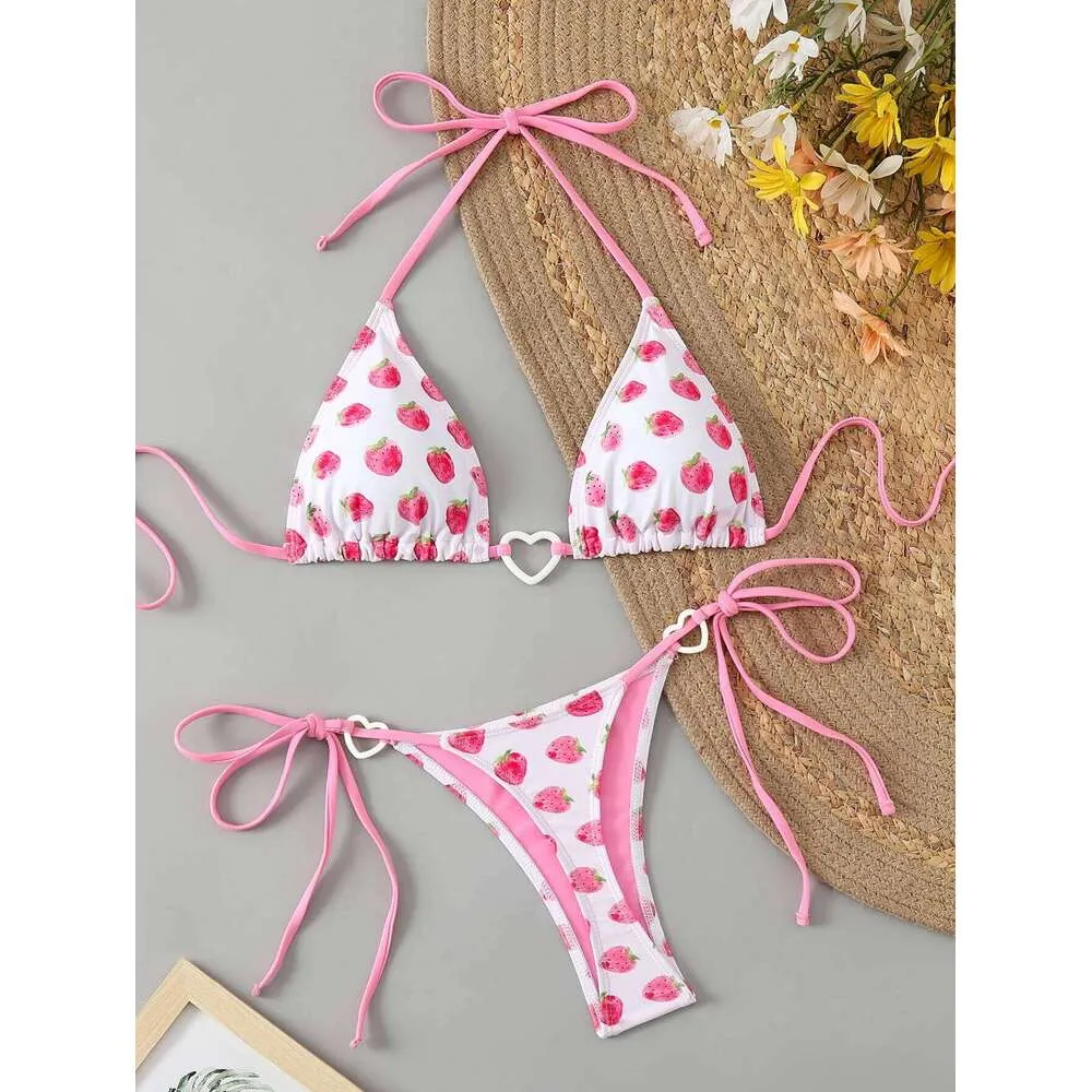 Pink Push Up Micro Cherry White Bikini With Strawberry Design Thong Swimsuit For Women Perfect