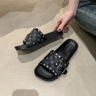 Cross Border New Metal Buckle Slip On Sandals Fashionable And Versatile Multi Color Flat Bottomed Outerwear Style_voghion.com