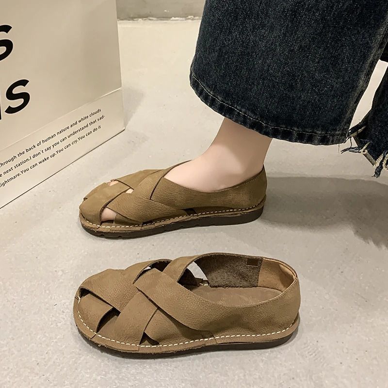 Womens Summer Flat Round Head Geometric Baotou Slippers Casual Comfortable Soft Soled Non Slip Sandals 260104_voghion.com