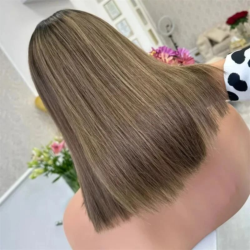 Brown Highlight Bob Human Hair Wig Short Straight Lace Front view 3