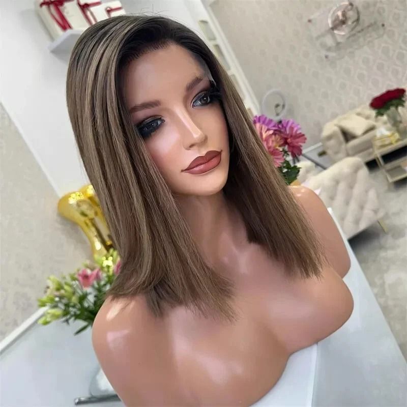 Brown Highlight Bob Human Hair Wig Short Straight Lace Front view 2