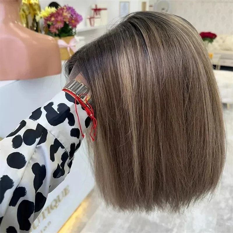 Brown Highlight Bob Human Hair Wig Short Straight Lace Front