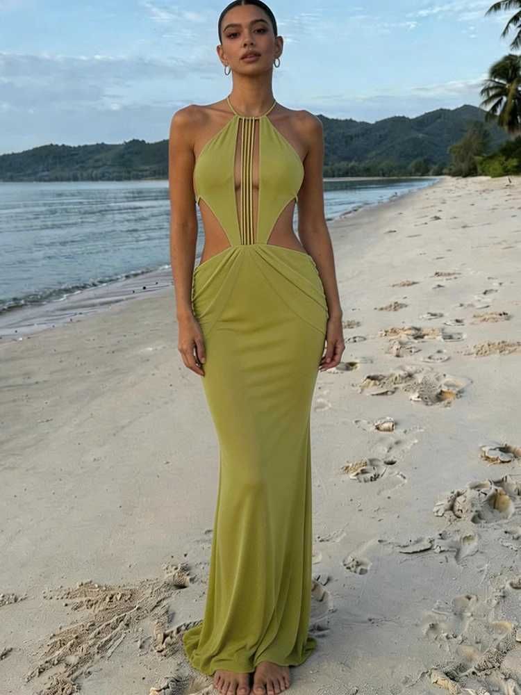 Green halter backless mesh maxi