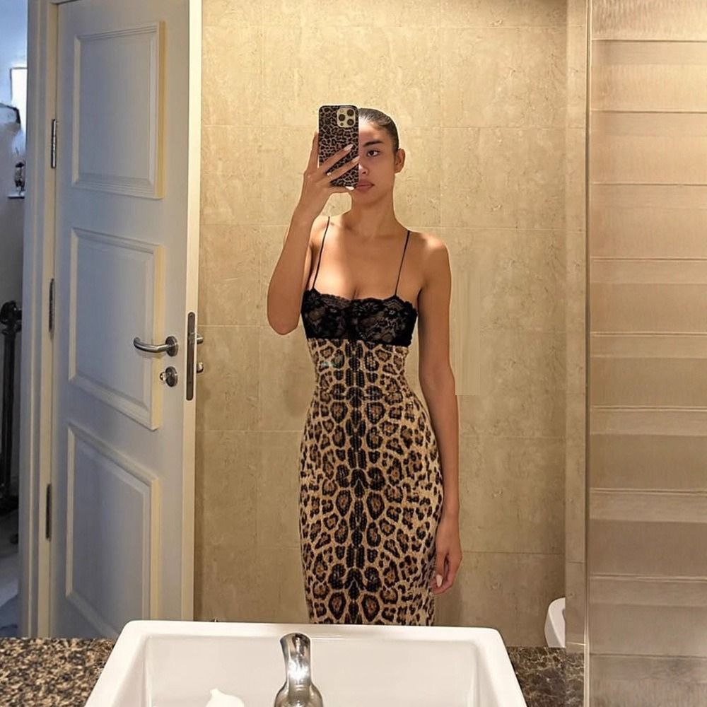 Lace-trim leopard sequin tube dress