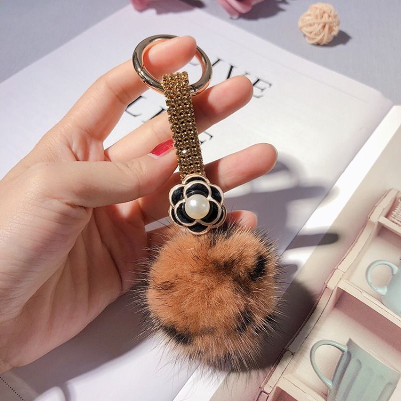 Autumn Winter Rhinestone Camellia Keychain With Fluffy Mink Ball Elegant Bag Charm Fashion Car Key Ring Warm Gift_voghion.com
