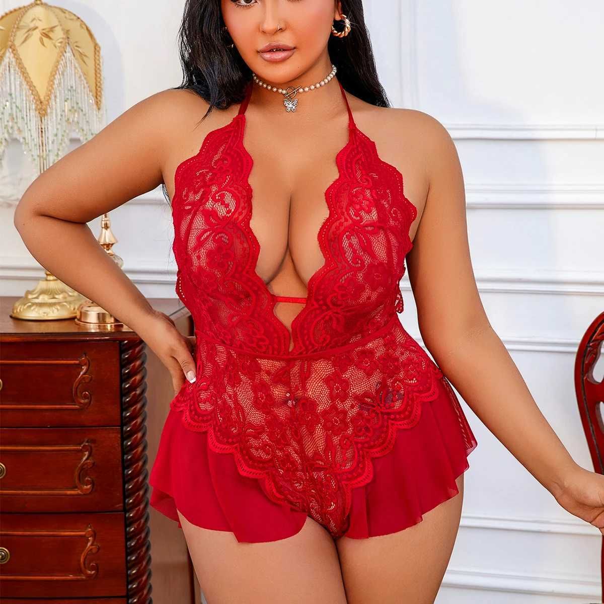 Curvy halter lace open-back teddy