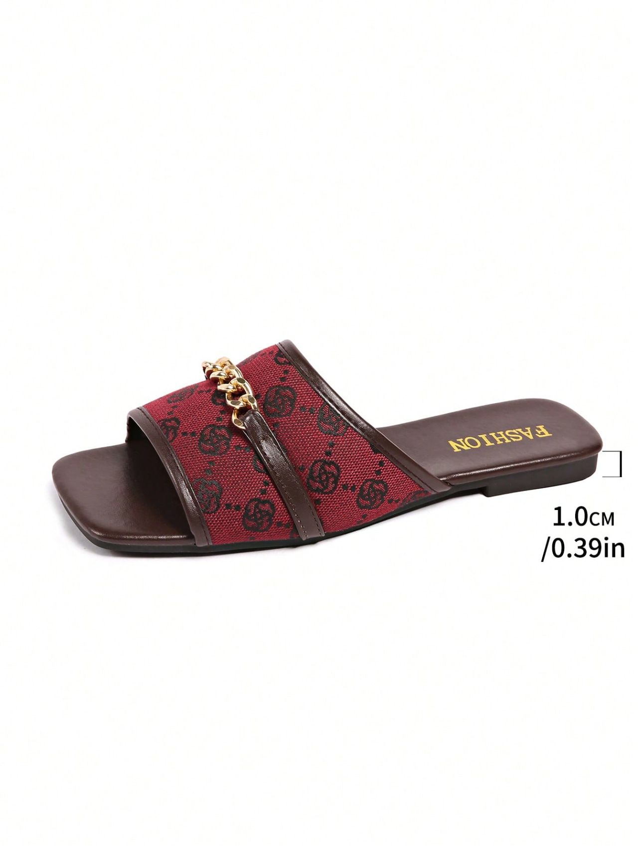 2026 New Women's Plus Size 36 43 Flat With Metal Chain Buckle Print Design Square Open Toe Outdoor Beach Slippers_voghion.com