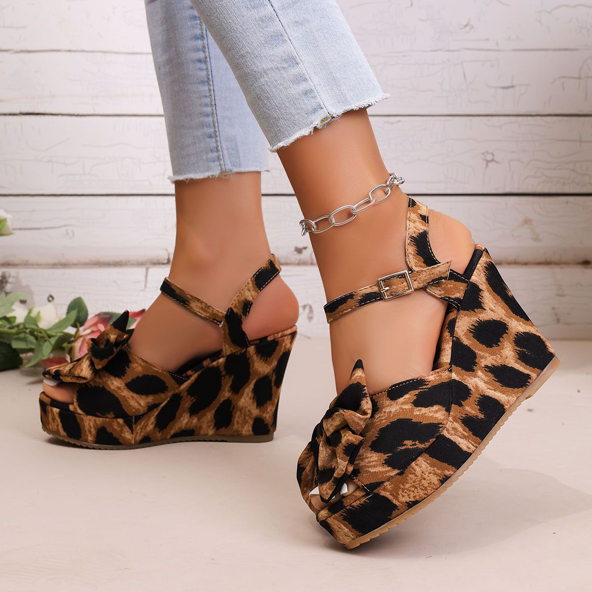 Wedges Sandals For Women High Heels Beach Shoes Summer Sexy Open Toe Leopard Broad Band Buckle Strap Platform Sandales_voghion.com