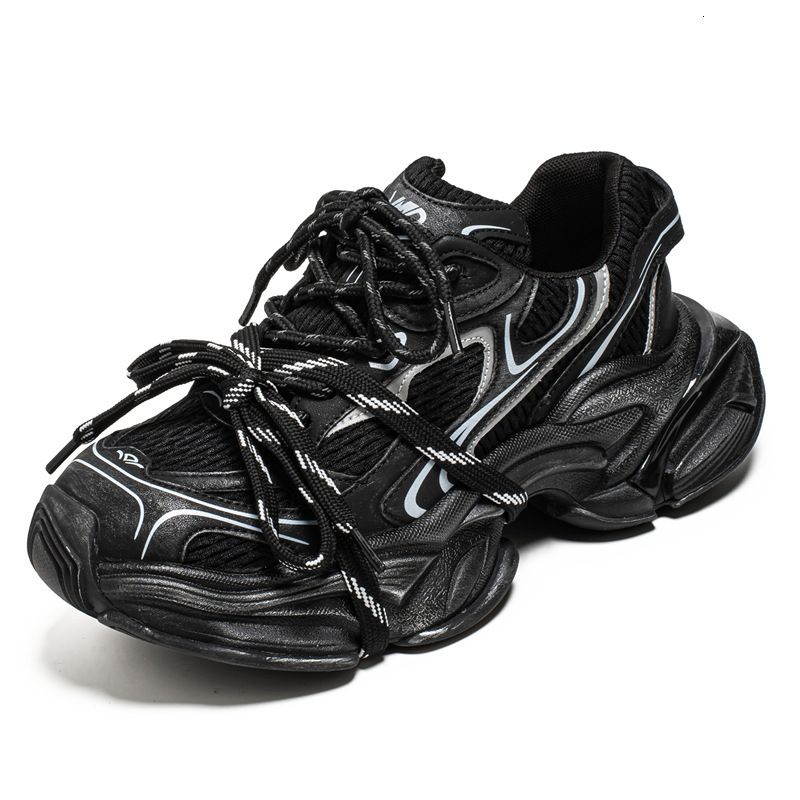 Men's Streetwear Black Chunky Mesh Dad Sneakers With Reflective Details And Layered Sole Daily Outfit_voghion.com