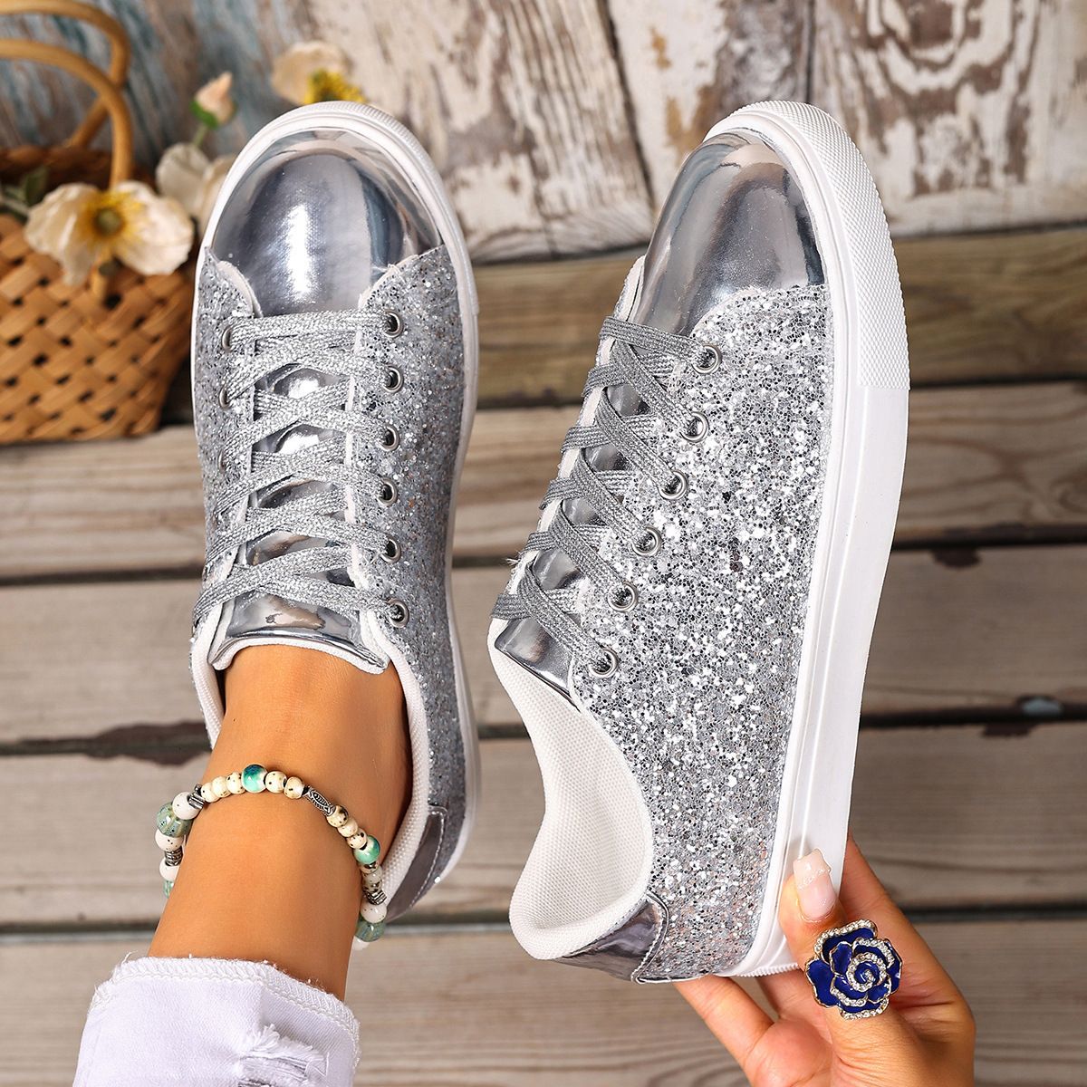 Womens Rose Gold Glitter Low Top Sneakers With Metallic Toe Cap Daily Outfit_voghion.com