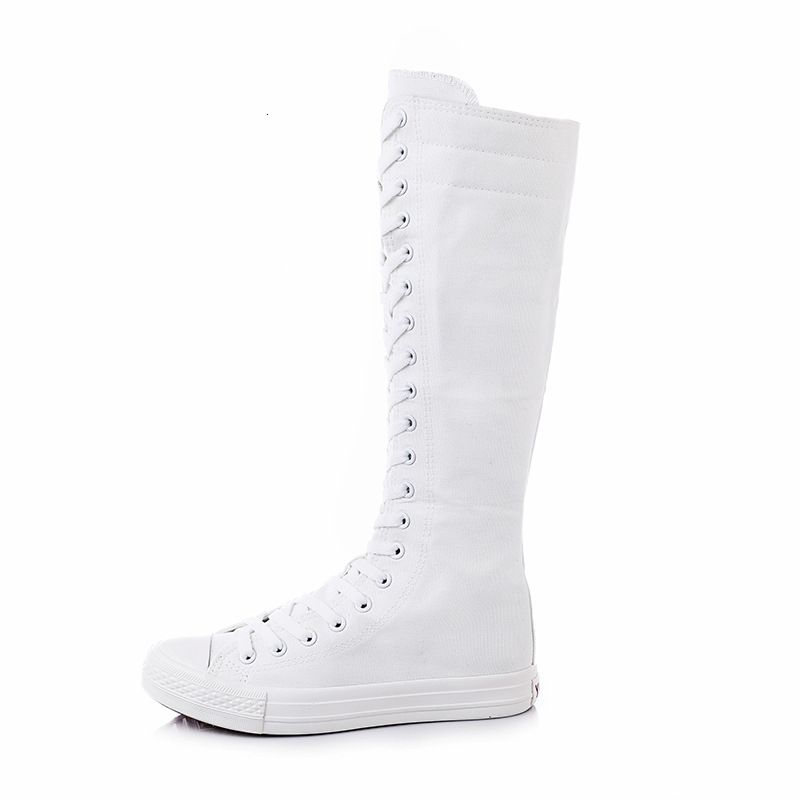 Botas femininas pretas de lona, cano alto com amortecimento, zíper lateral e cadarços._voghion.com