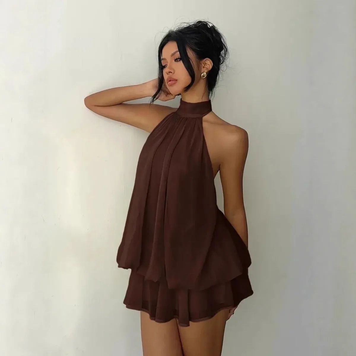 Halter chiffon tiered mini