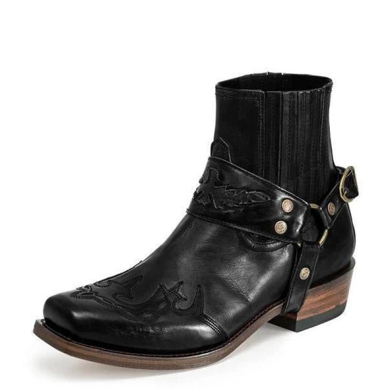 Mens Black Leather Western Shock Absorbing Cowboy Ankle Boots With Harness Strap_voghion.com