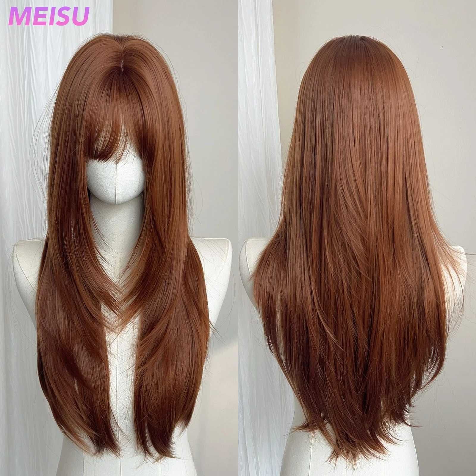 MEISU 26 Inch Straight Synthetic Wig Layered Dark Orange