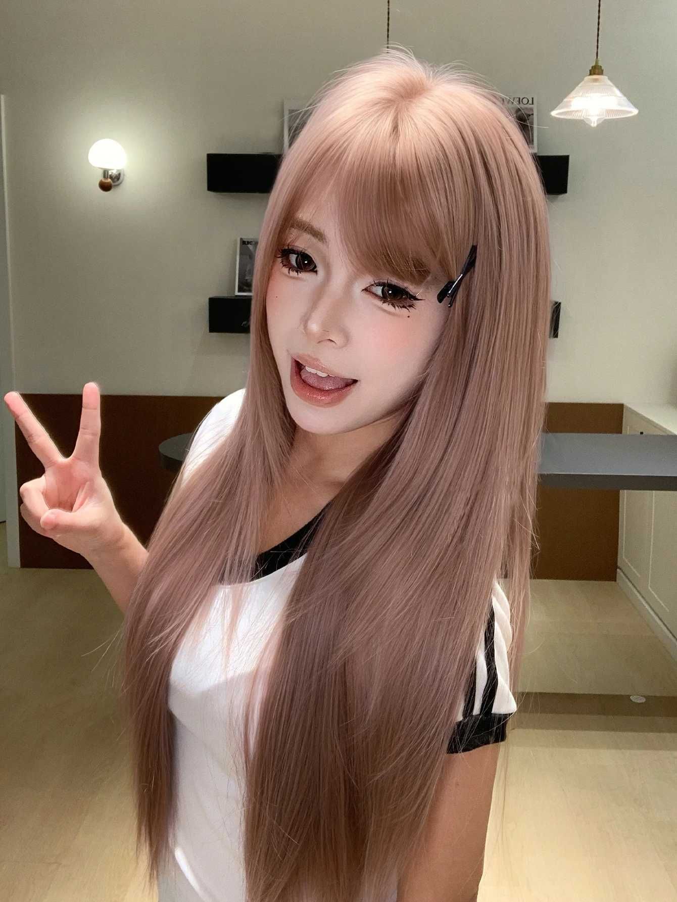 28Inch Vibrant Style Rose Brown Synthetic Wigs with Bangs detail view 5