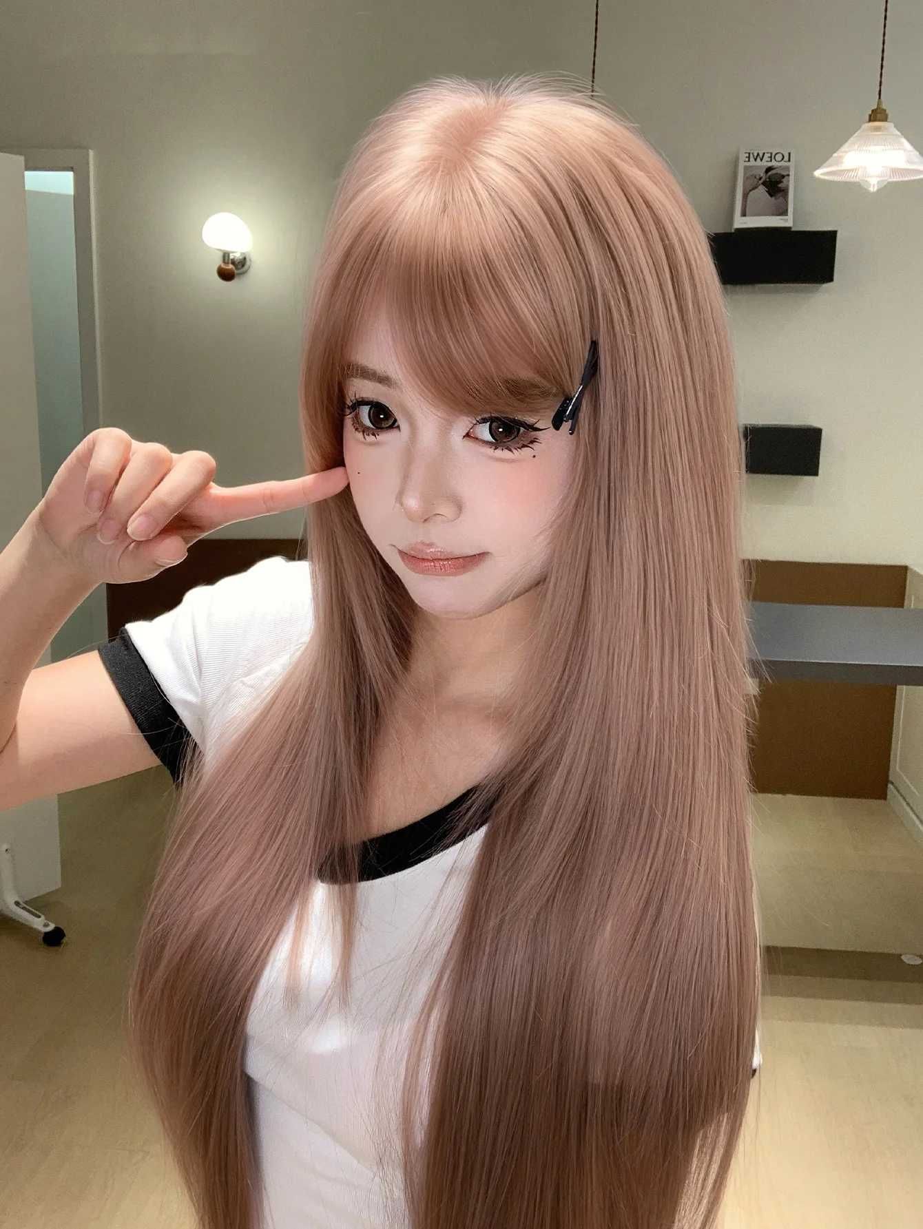 28Inch Vibrant Style Rose Brown Synthetic Wigs with Bangs detail view 3