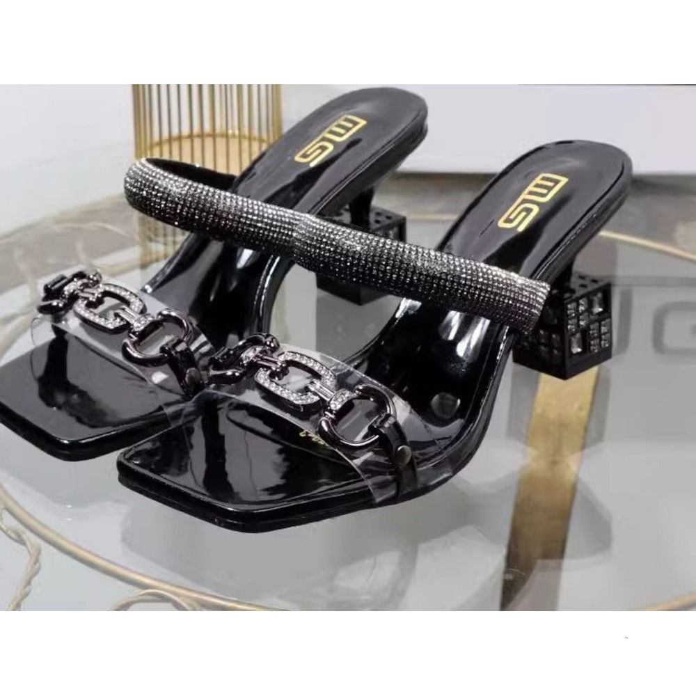 Women's Rhinestone Chain Heeled Sandals Square Toe Slip On Mules With Block Heel Daily Outfit_voghion.com