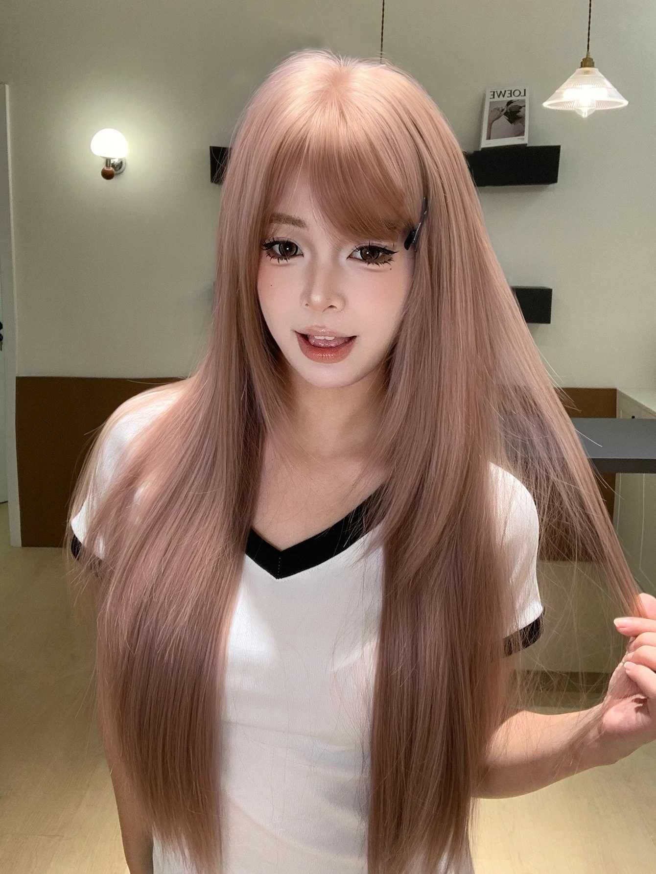 28Inch Vibrant Style Rose Brown Synthetic Wigs with Bangs detail view 4