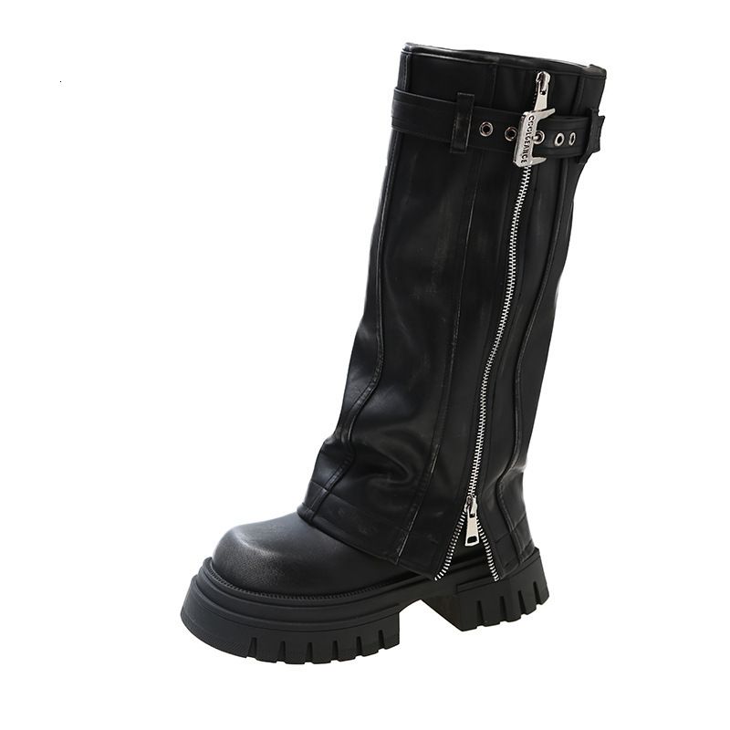 Botas femininas retrô de couro desgastado até o joelho com fivela, zíper lateral e salto plataforma grosso para um visual ousado._voghion.com
