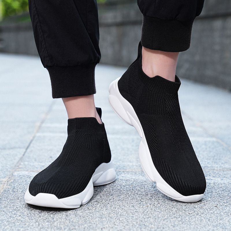 Mens Beige Knit Sock Sneakers Breathable Slip On Casual Shoes_vogvips.com