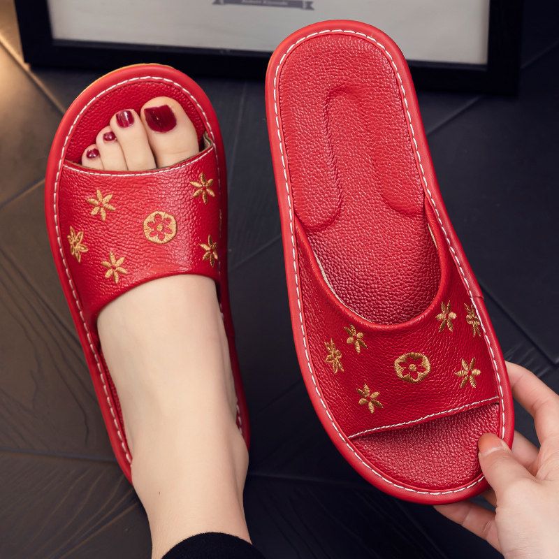 Cowhide Leather Breathable Soft Bottom Cool Slippers For Women Couple Indoor Flooring Home Summer_voghion.com