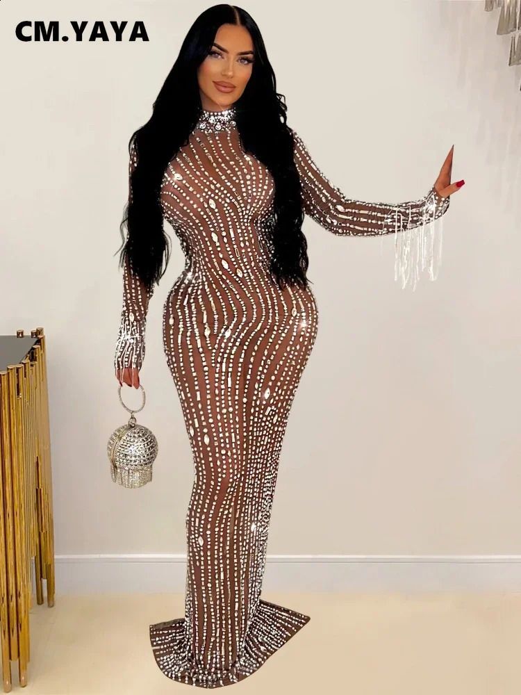 Rhinestone mesh long-sleeve bodycon
