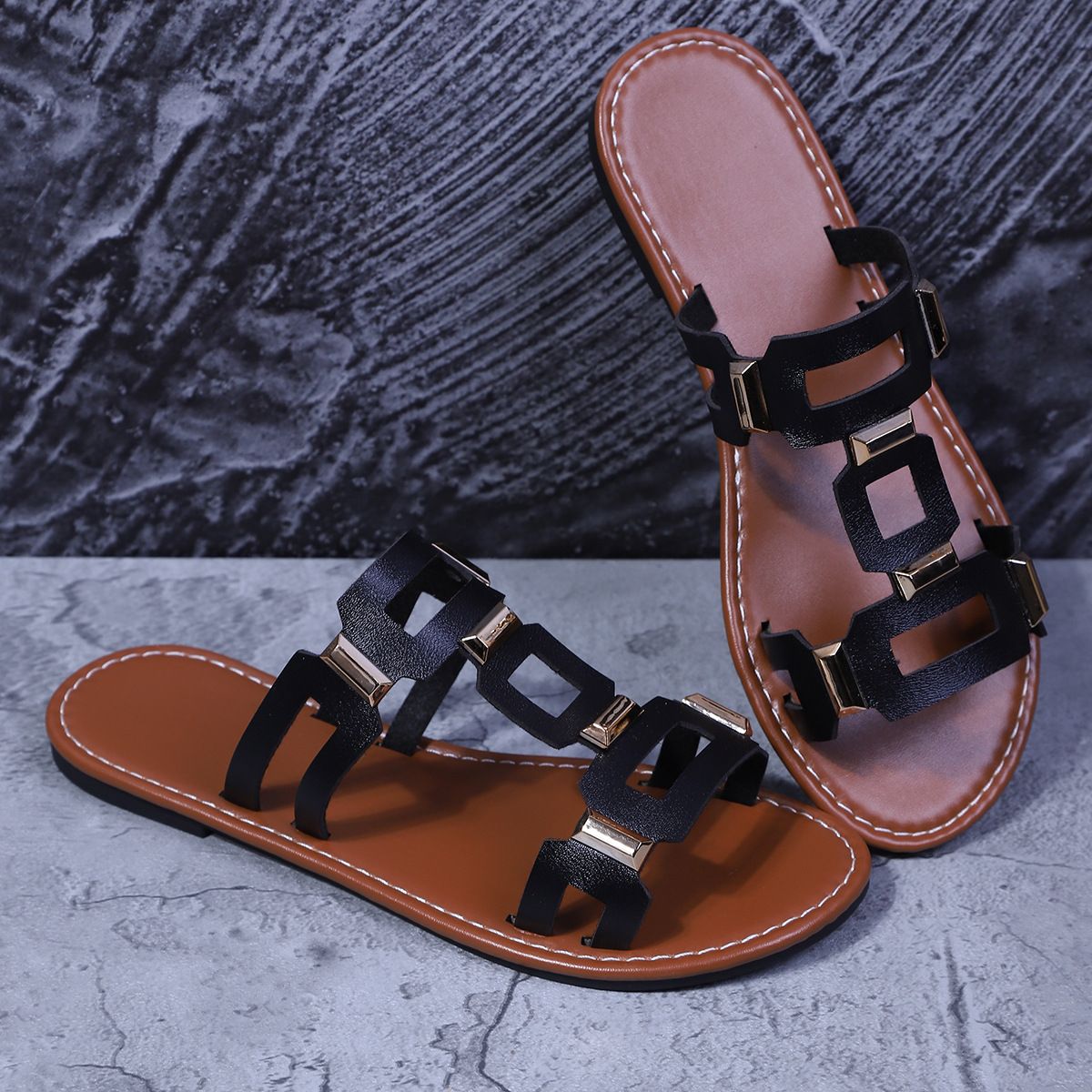 Free Shipping 2026 Flat Bottomed Roman Sandals Women's Summer New Metal Buckle Decoration Beach Shoes Fashionable And_voghion.com