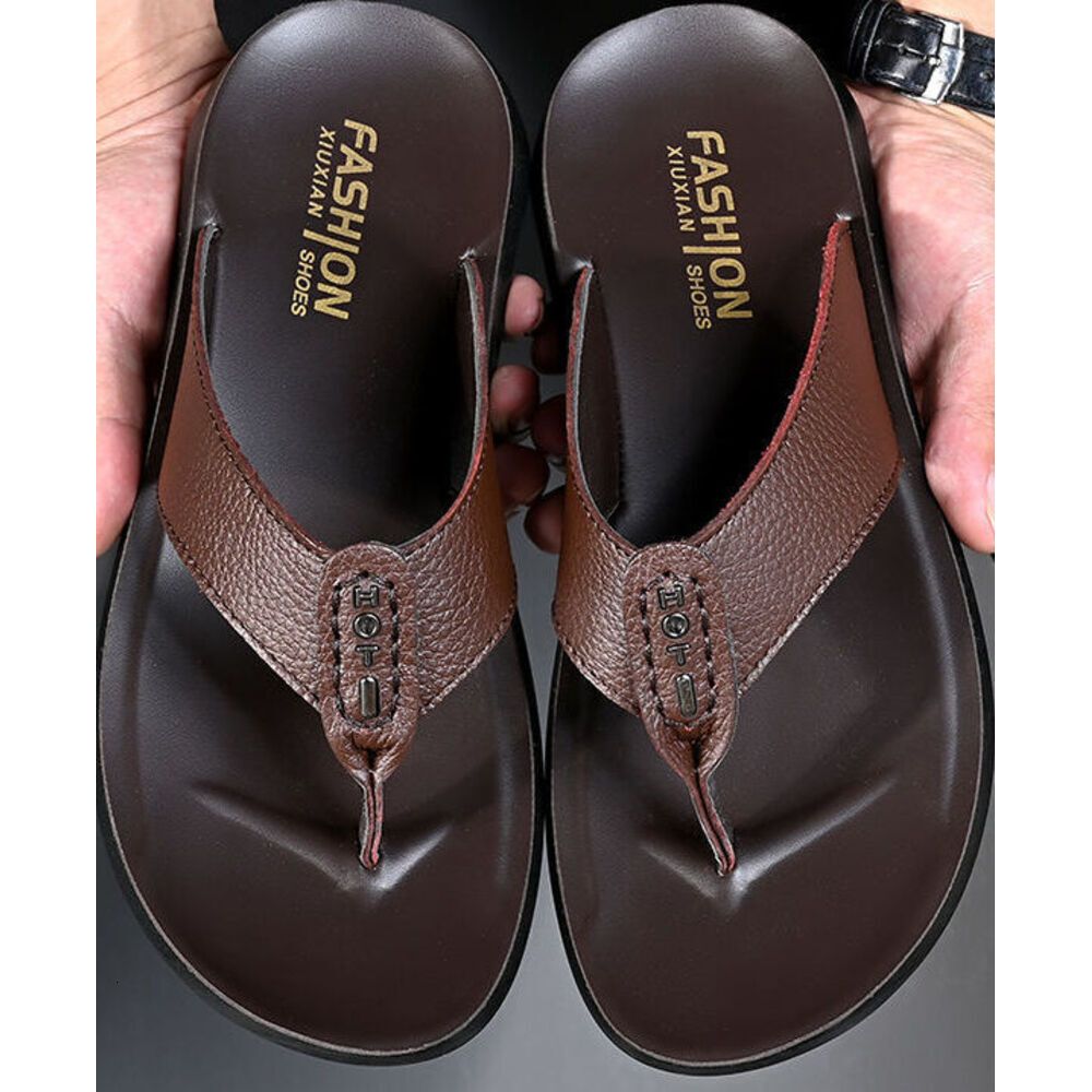 Mens Brown Leather Flip Flops Thong Design Durable Construction For Daily Wear And Beach Activities_voghion.com