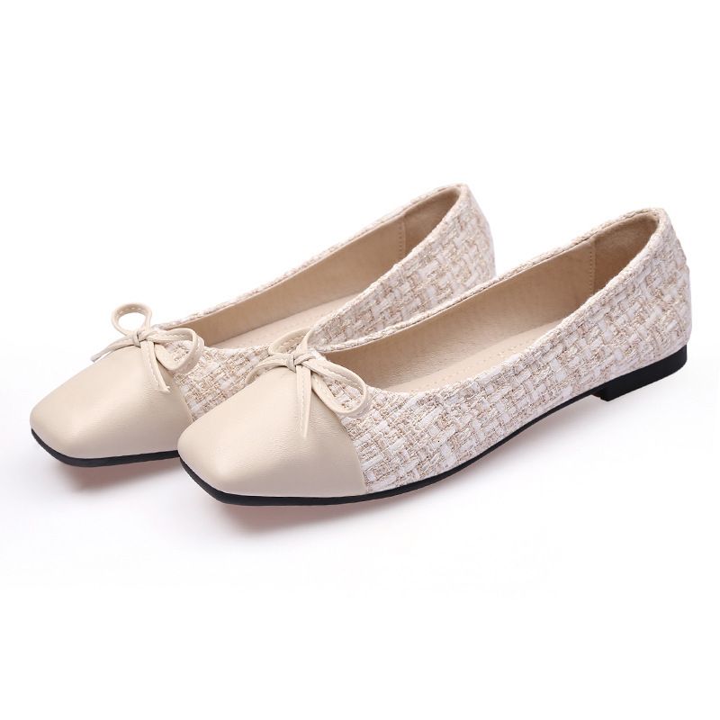 Womens Tweed Bow Flat Shoes Square Toe Leather Fabric Patchwork Design Non Slip Sole For Daily Wear And Office Occasions_voghion.com