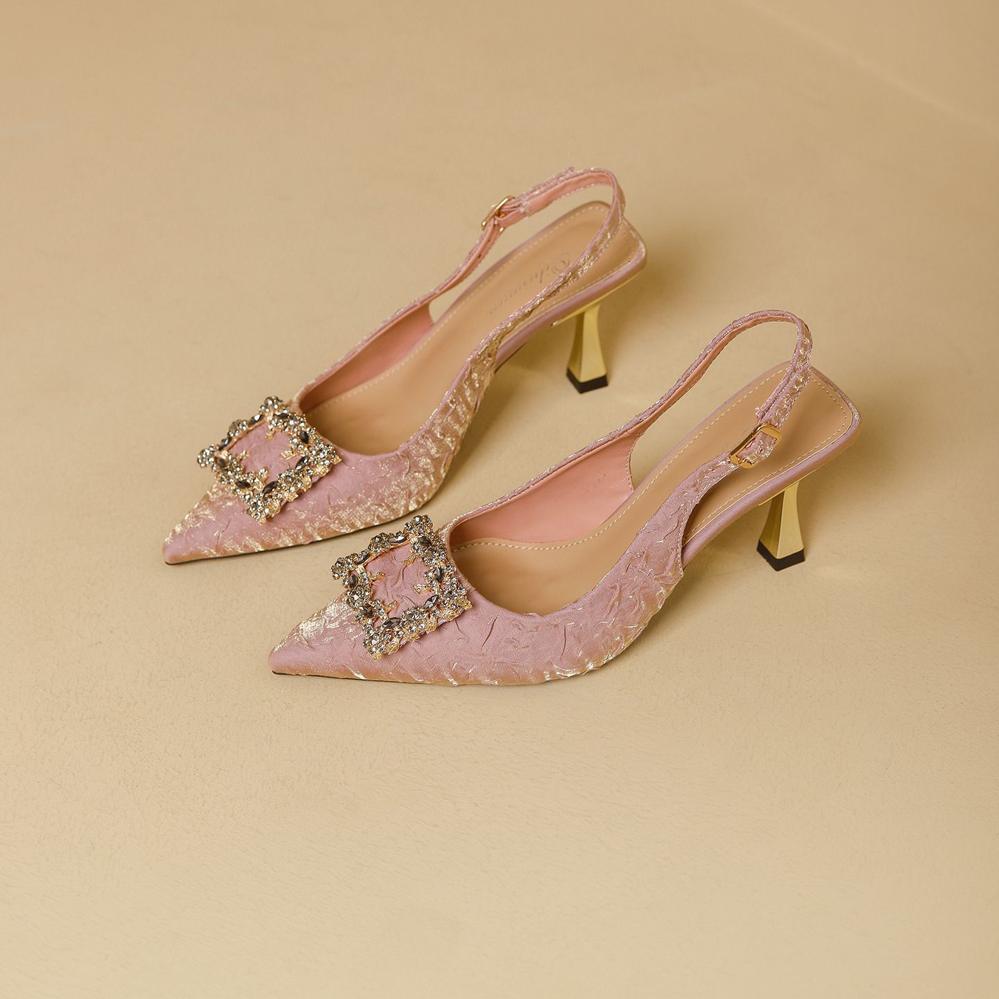 Women's Crystal Buckle Slingback Heels Embossed Pointed Toe Pumps Mid Heel Party Wedding Shoes For Ladies_voghion.com