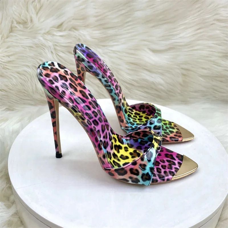 Colour Leopard Print Heeled Slippers For Women With Thin Pointed Exposed Toes High Heels 12cm Sexy Sandals 260528_voghion.com