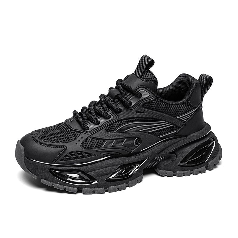 All Black Chunky Dad Sneakers Mesh Breathable Platform Sports Shoes For Men Women_voghion.com