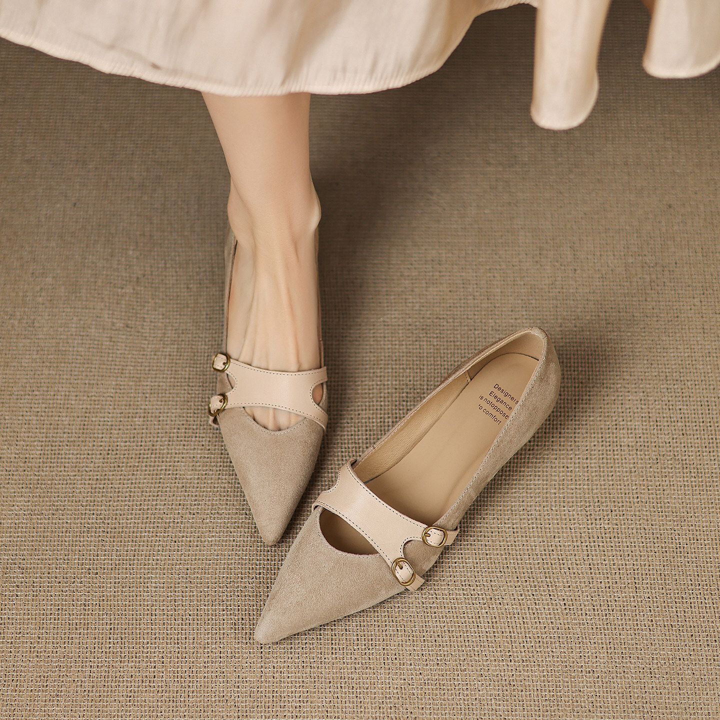 Womens Brown Suede Summer Comfort Pointed Toe Mary Jane Flats Double Buckle Strap Shoes_voghion.com