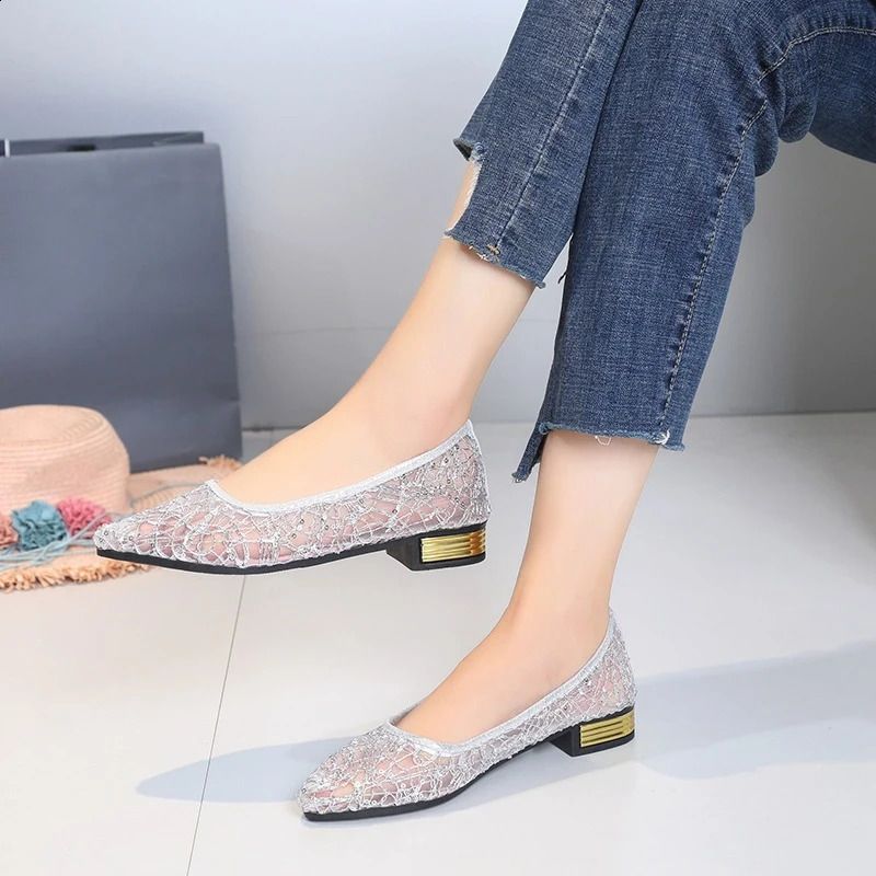 Fall Pointed Toe Shallow Mesh Breathable Non Slip Low Sequin Cloth Block Heel Single Shoes 260530_voghion.com