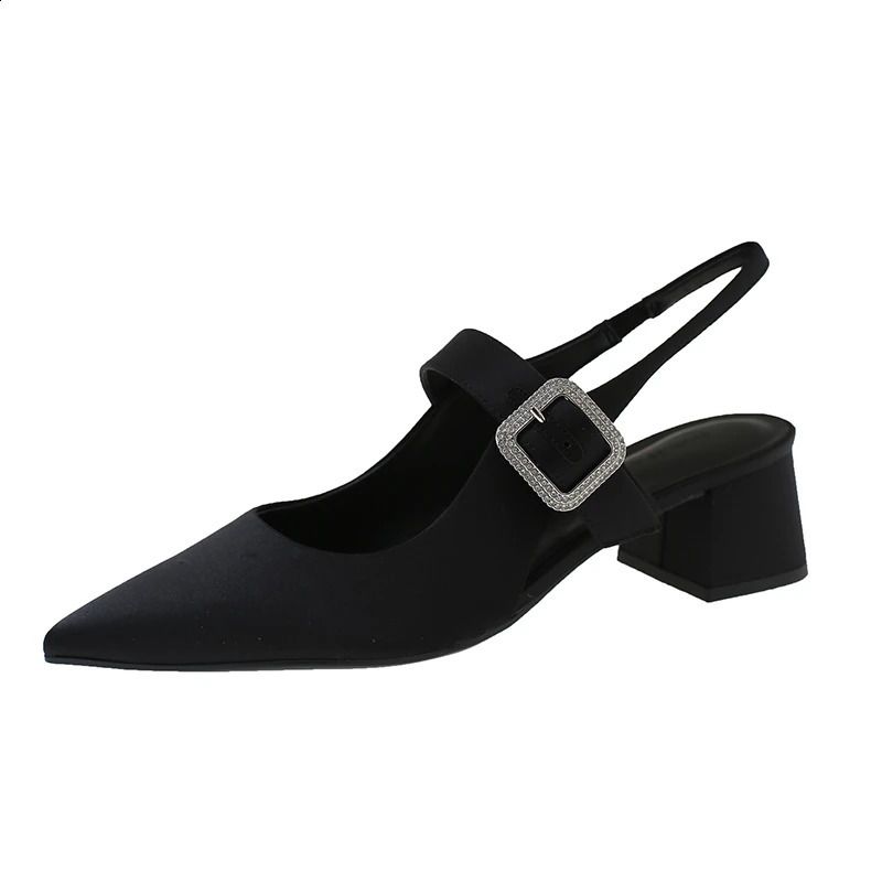 Pointed Toe Block Heel Sandals Spring Bright Diamond Square Button High Heeled Single Shoes 260530_voghion.com