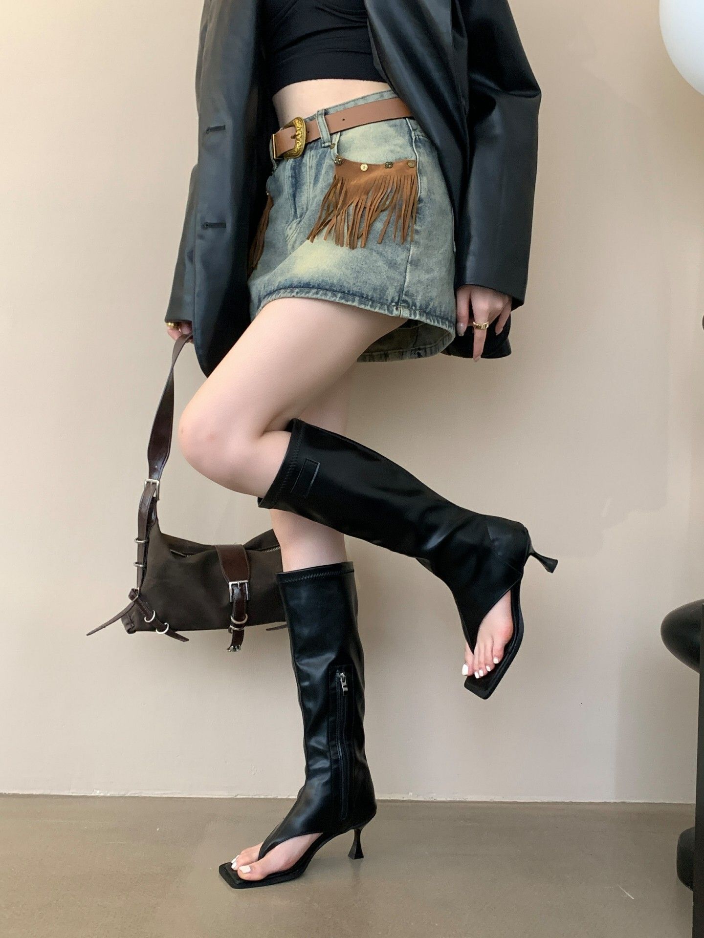 Womens Black Peep Toe Knee Non Slip High Stiletto Heel Side Zipper Sandal Boots_voghion.com