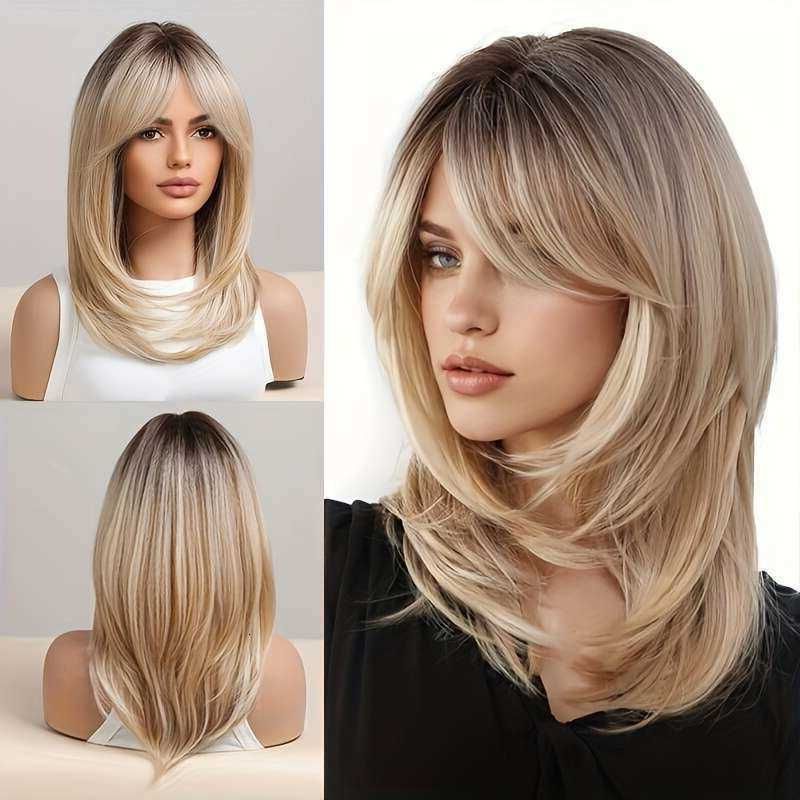 Layered Blonde Chic Wig 18-Inch With Bangs And Dark Roots