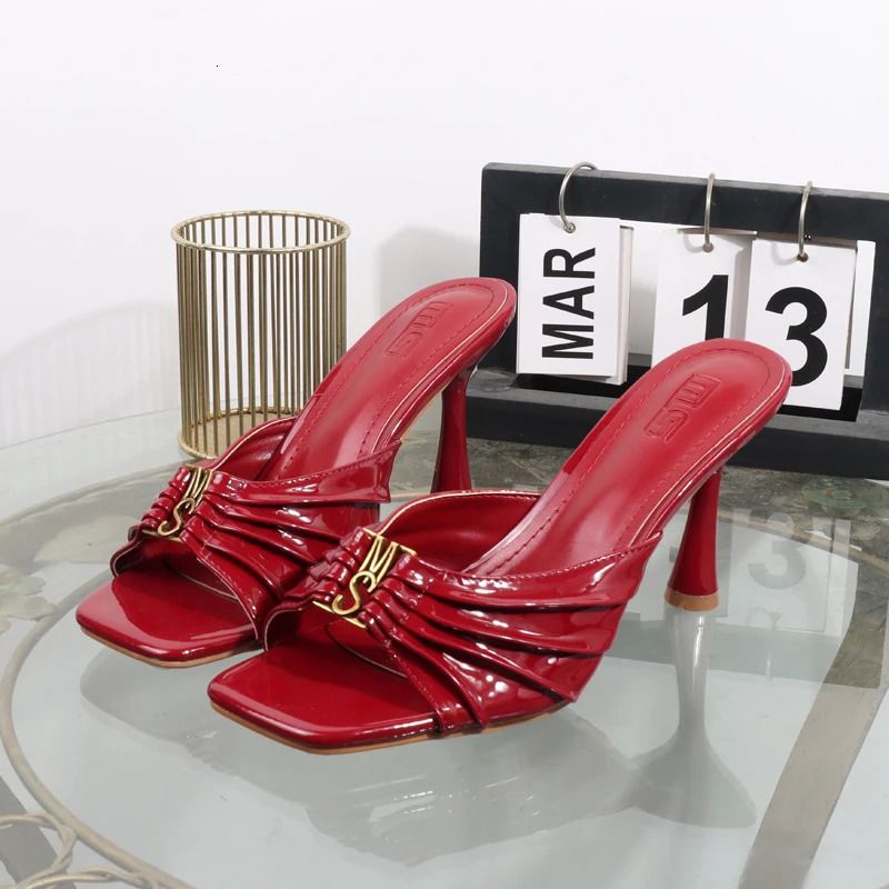 High Heels Summer Pleated Slippers Square Toes Metal Fashion Open Toe Sexy Banquet Sandals Heel Height 9CM 260402_voghion.com