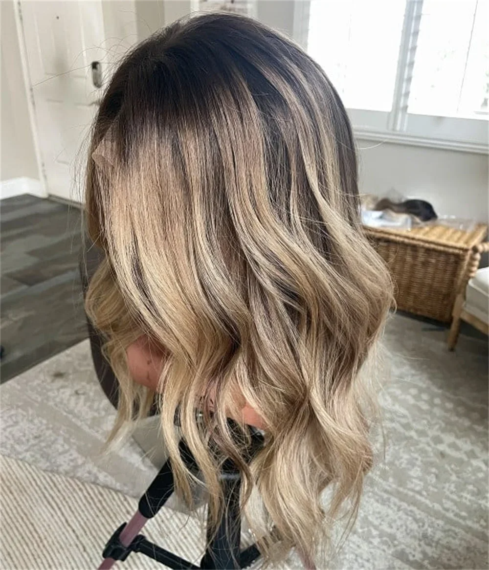 Ombre Highlight Brown Blonde Loose Wave Human Hair Wig Dark