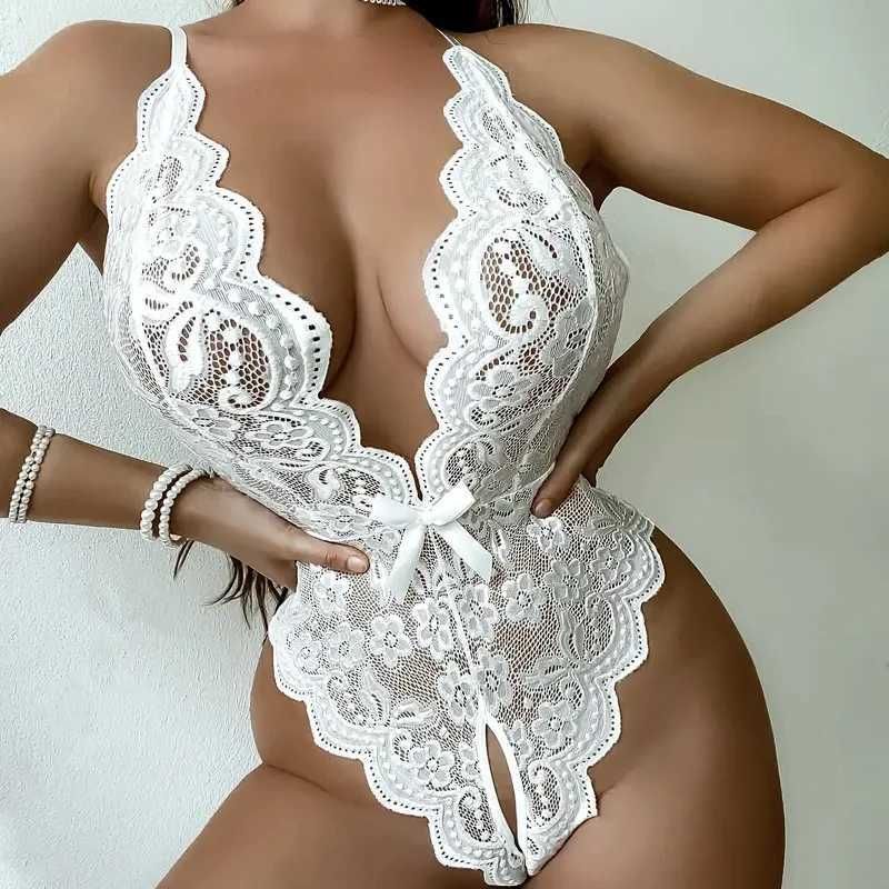 Plunge lace open-back teddy