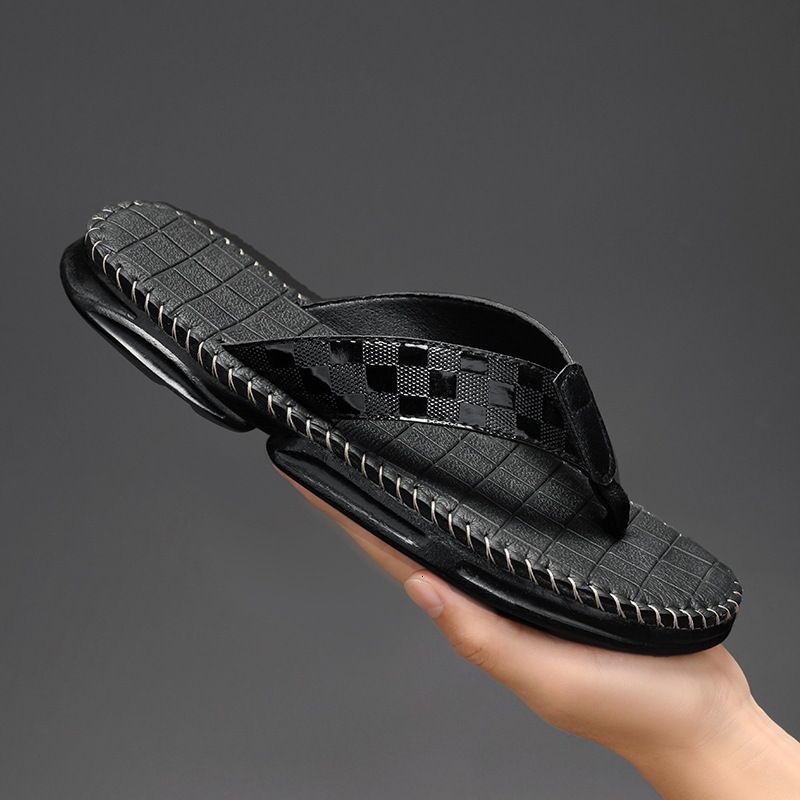 Men Plaid Embossed Leather Flip Flops Stitch Detail Non Thick Sole Casual Summer Beach Anti Slip Thong Slippers_voghion.com