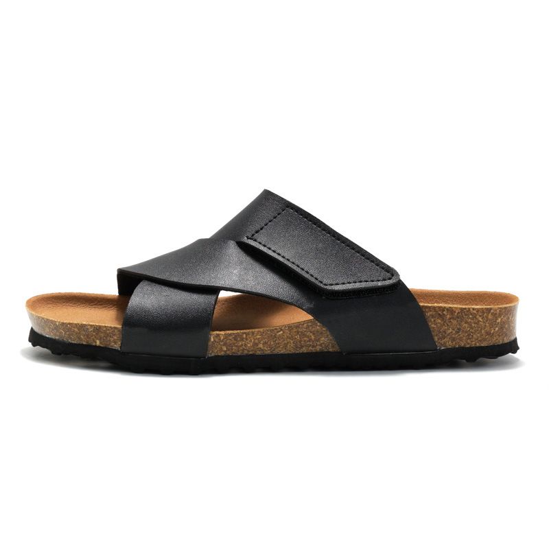 RUIZUSTOCK Luxury Slippers Cross Strap Hook And Loop Cork Footbed Slides Black Adjustable Open Toe Sandals_voghion.com