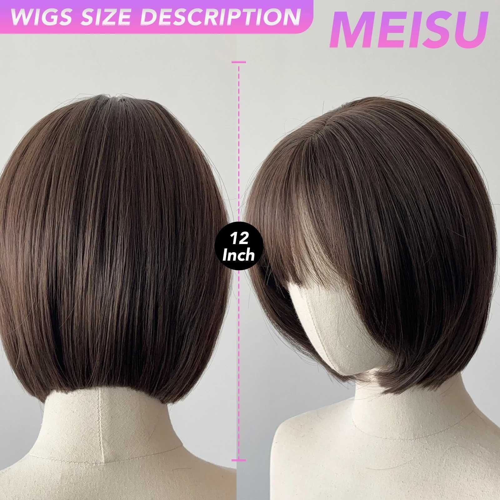 MEISU 12 Inch Dark Brown Synthetic Bobo Bangs Wig view 3
