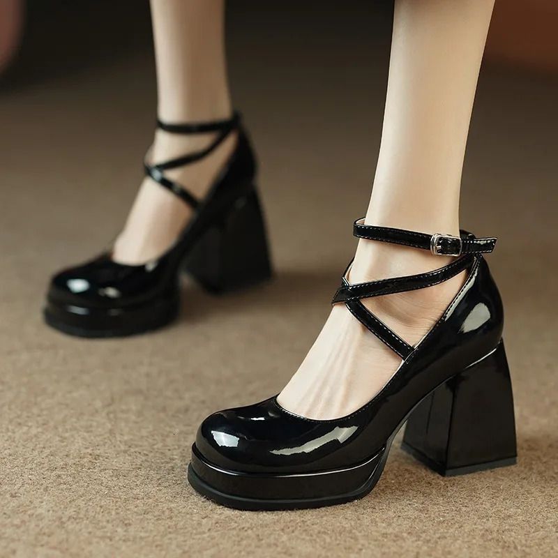 Janes Shoes For Womens Pumps French Square Toe Buckle Strap Bowknot Chunky High Heels Spring Autumn 260420_voghion.com