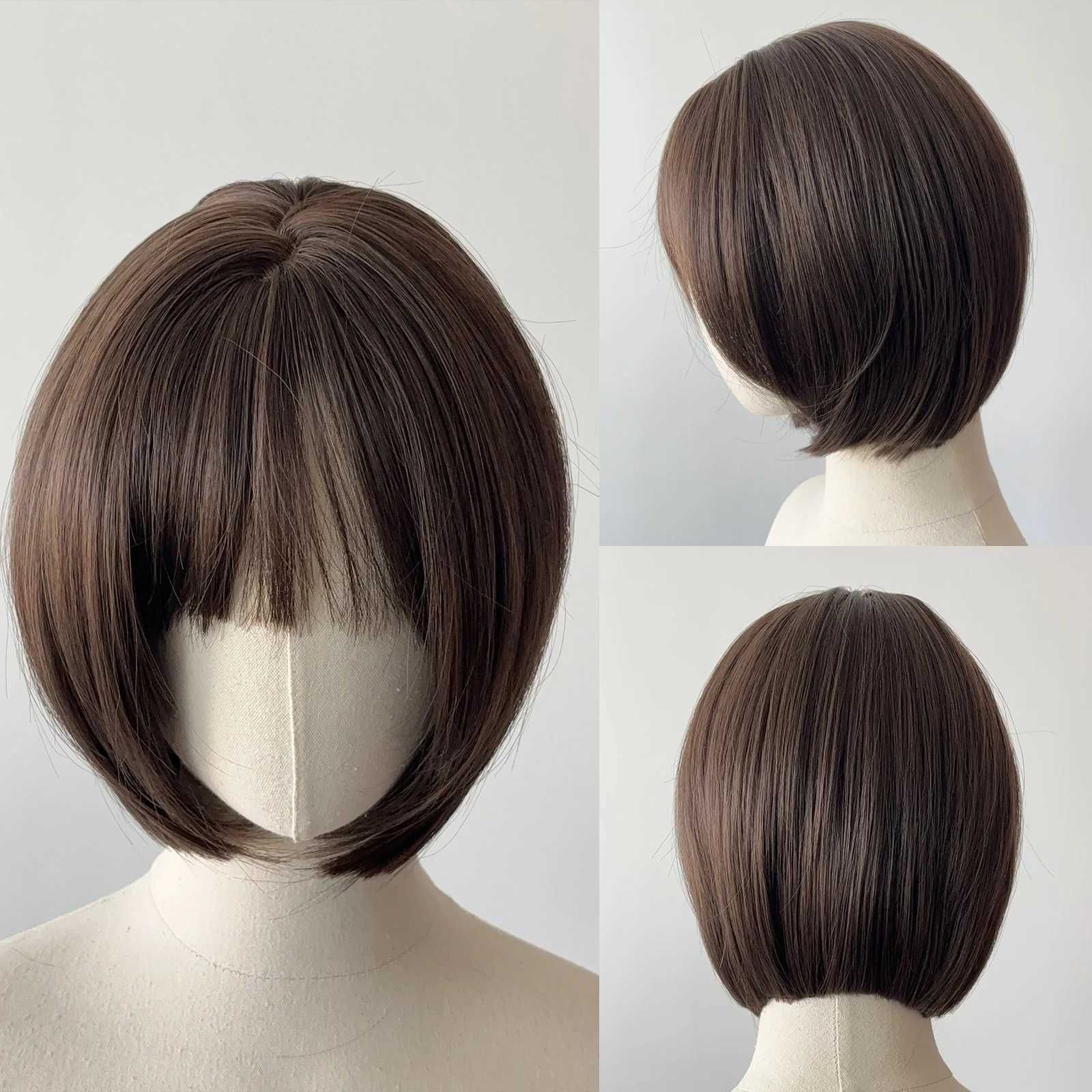 MEISU 12 Inch Dark Brown Synthetic Bobo Bangs Wig