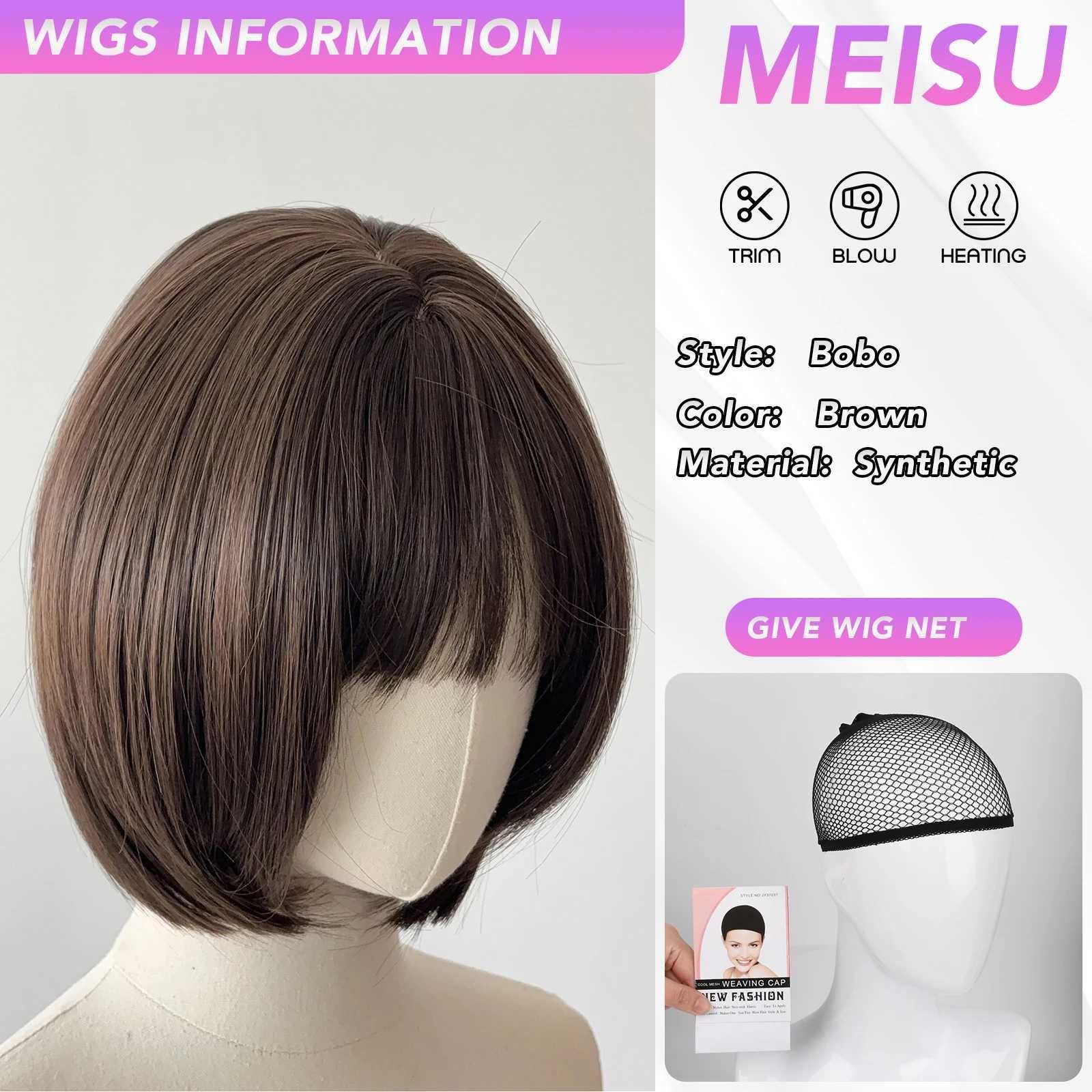 MEISU 12 Inch Dark Brown Synthetic Bobo Bangs Wig view 2